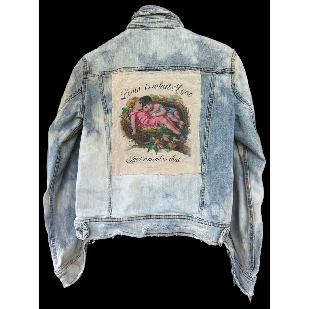 One of a Kind Bleached Distressed Denim Jacket Vintage Love Art Patch Small - Picture 2 of 13